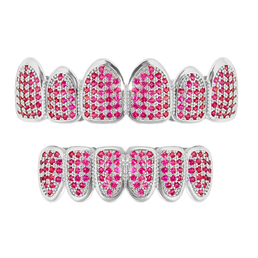 Hip Hop Pink Rhinestones Zircon Teeth Grillz For Men Women