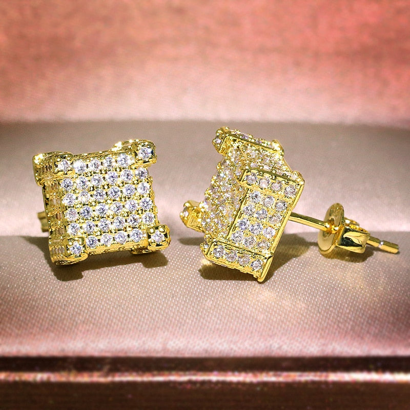 Gold Color Iced Out Square Bling Stud Earring Men Hip Hop