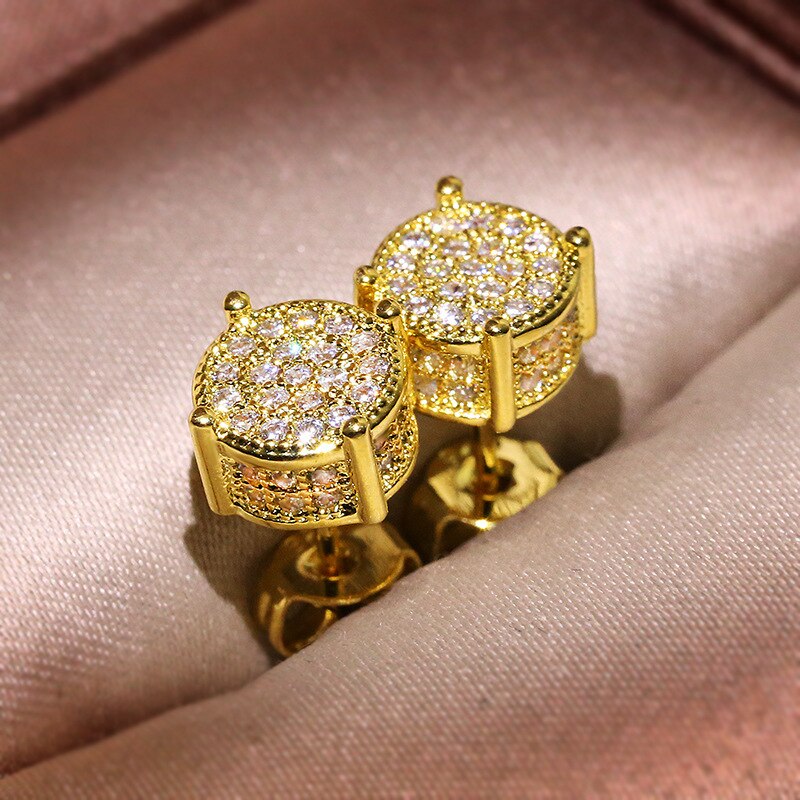 Gold Color Iced Out Square Bling Stud Earring Men Hip Hop