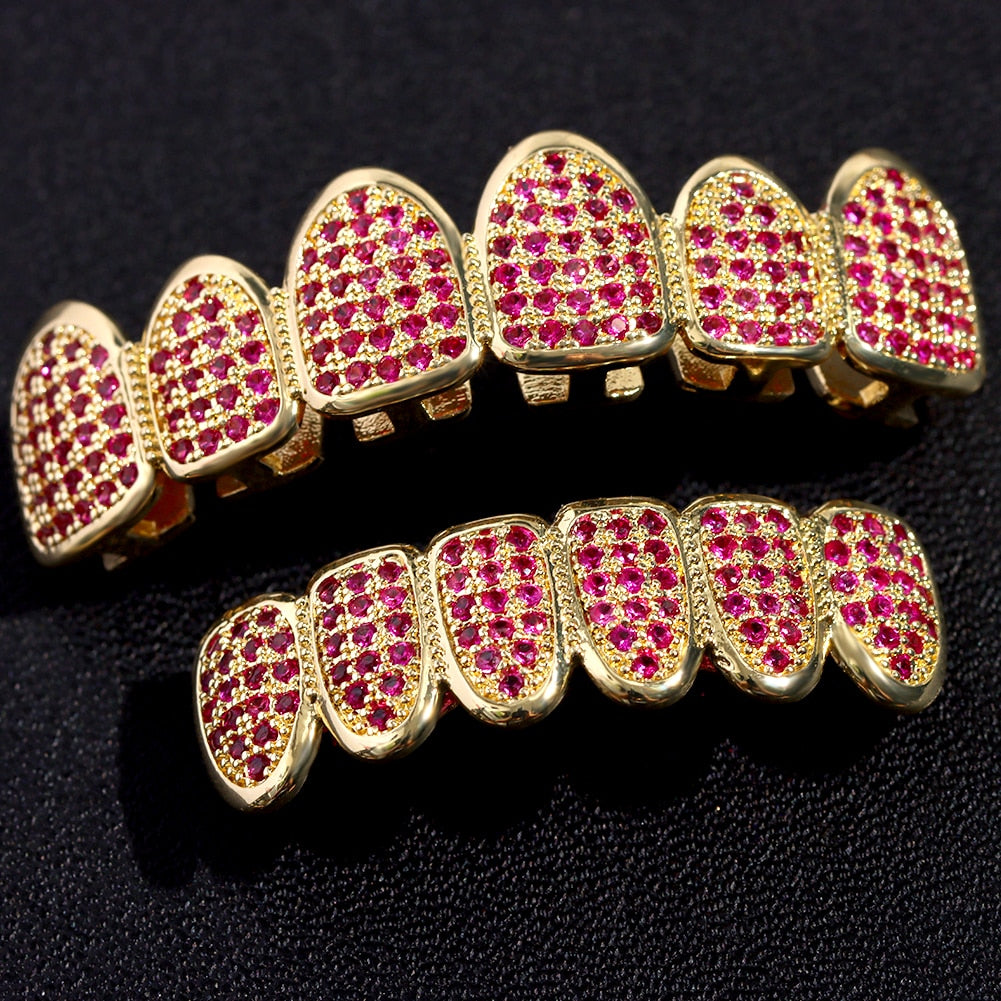 Hip Hop Pink Rhinestones Zircon Teeth Grillz For Men Women