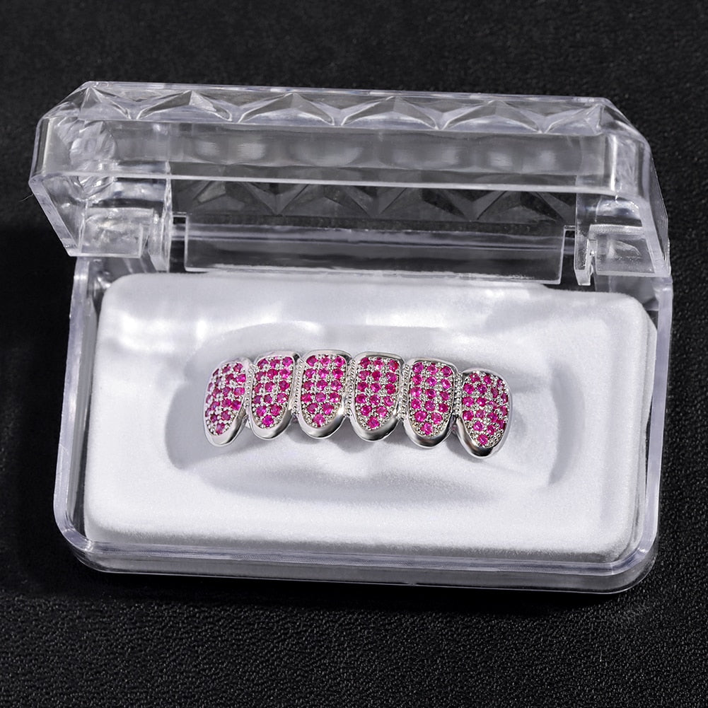 Hip Hop Pink Rhinestones Zircon Teeth Grillz For Men Women