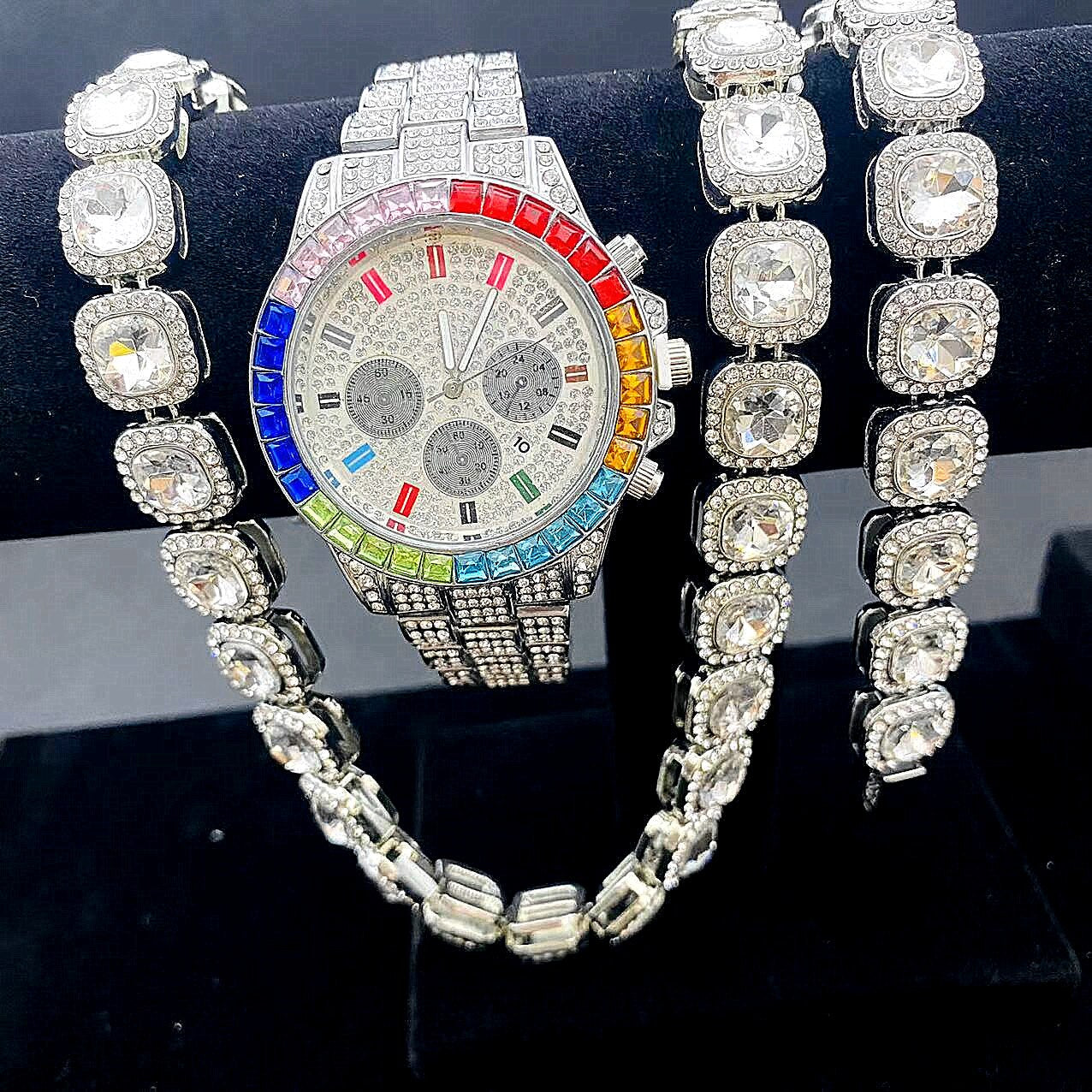 3PCS Iced Out Watch + Bracelet + Necklaces for Men Women