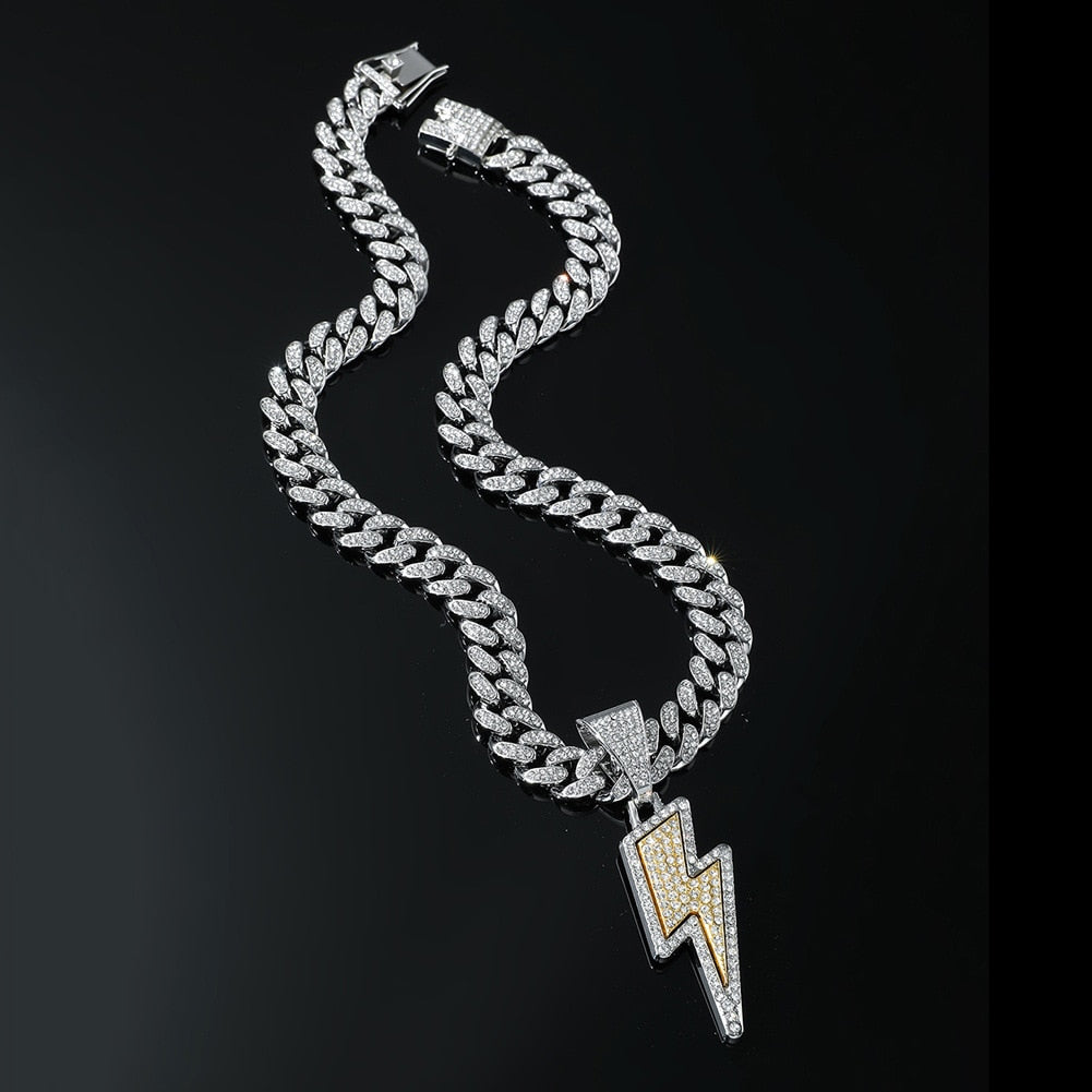 Hip Hop Lightning Pendant Necklace Iced Out Bling Cuban