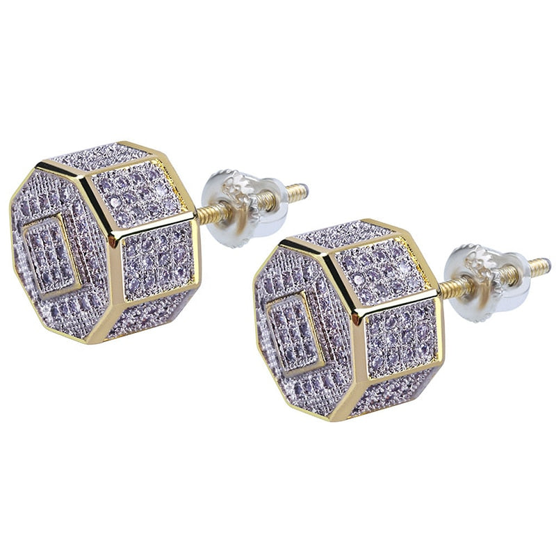 Gold Color Iced Out Square Bling Stud Earring Men Hip Hop