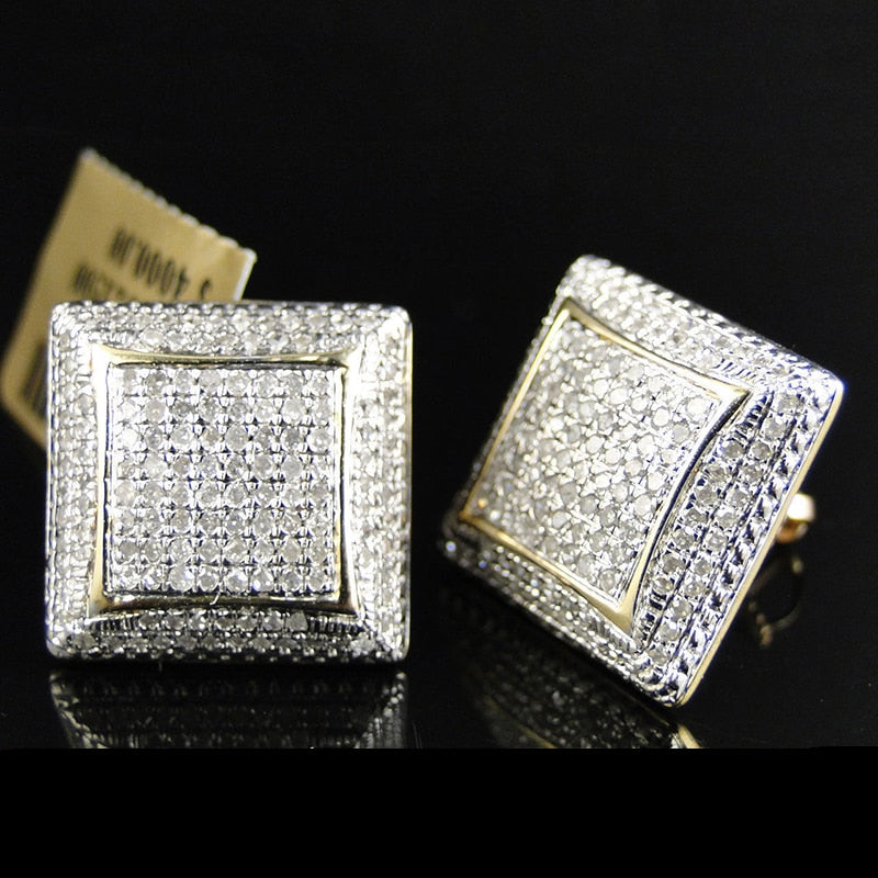 Gold Color Iced Out Square Bling Stud Earring Men Hip Hop