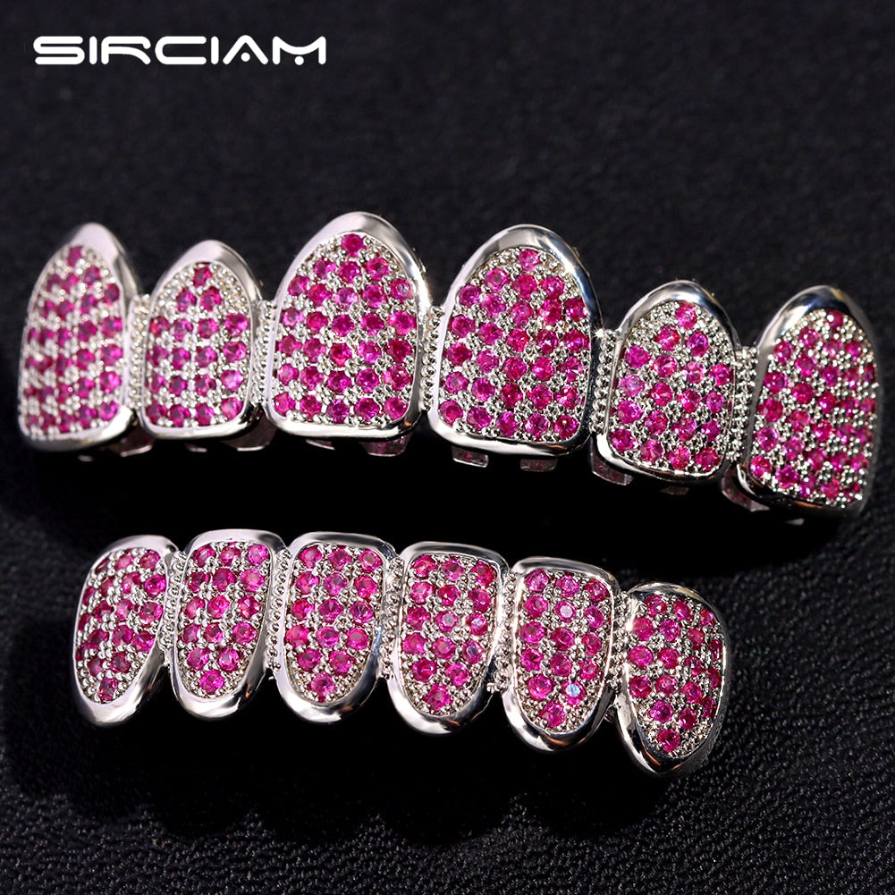 Hip Hop Pink Rhinestones Zircon Teeth Grillz For Men Women