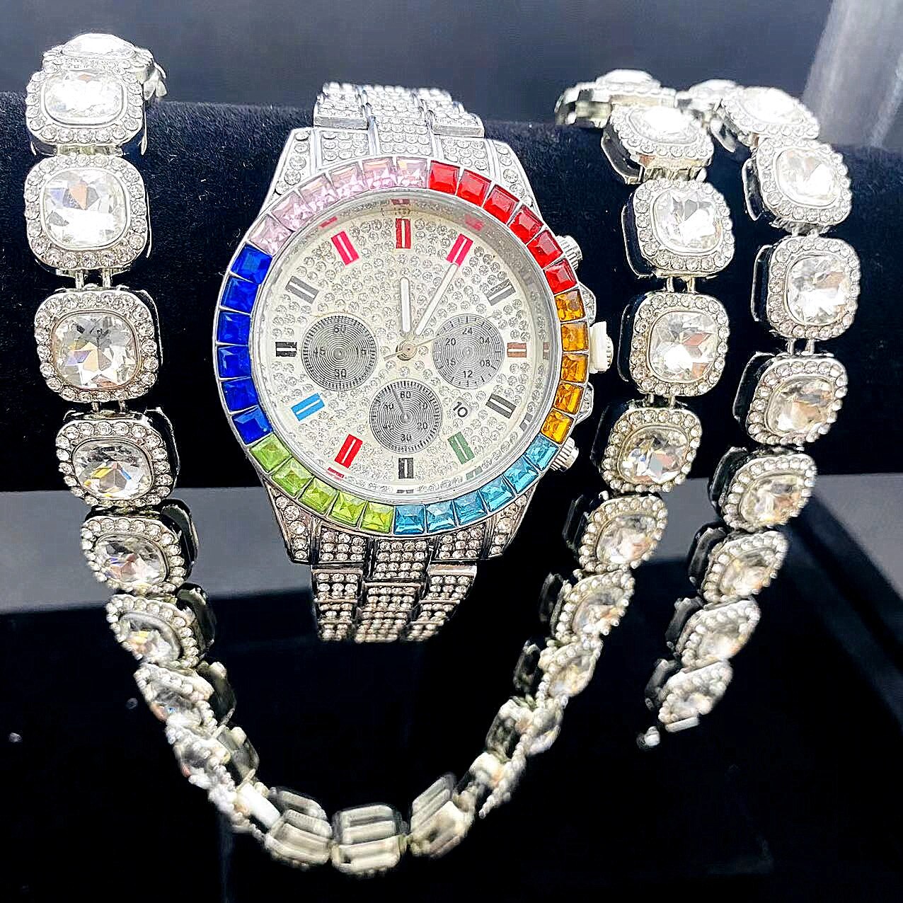 3PCS Iced Out Watch + Bracelet + Necklaces for Men Women