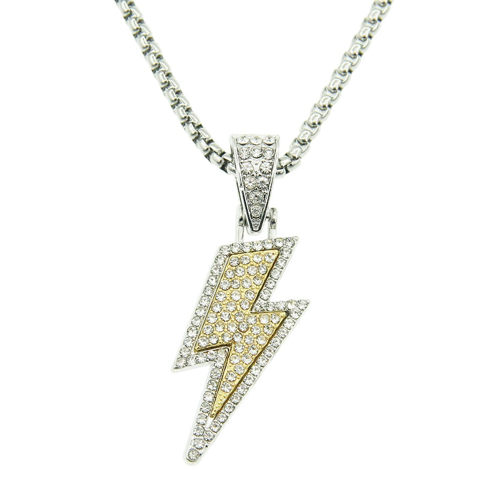 Hip Hop Lightning Pendant Necklace Iced Out Bling Cuban