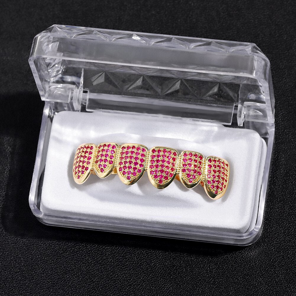 Hip Hop Pink Rhinestones Zircon Teeth Grillz For Men Women