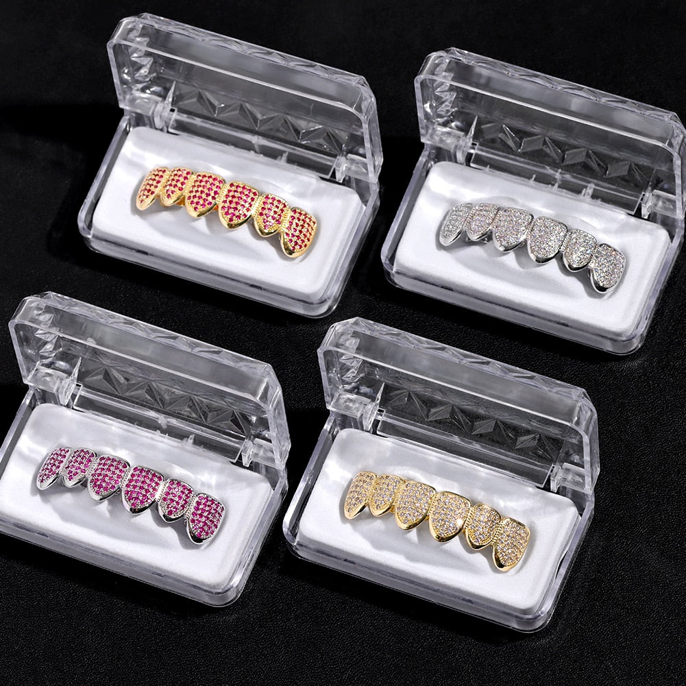 Hip Hop Pink Rhinestones Zircon Teeth Grillz For Men Women