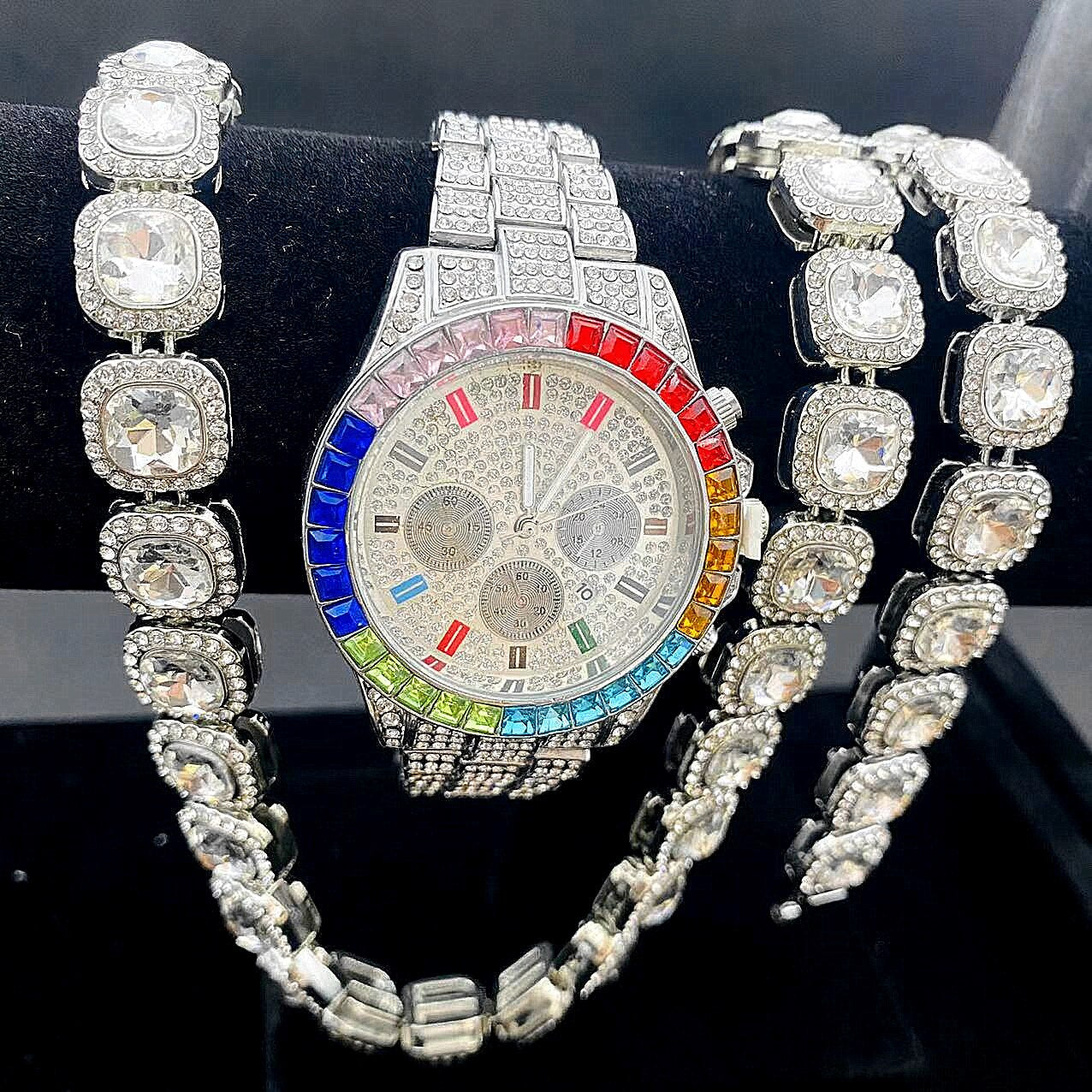 3PCS Iced Out Watch + Bracelet + Necklaces for Men Women