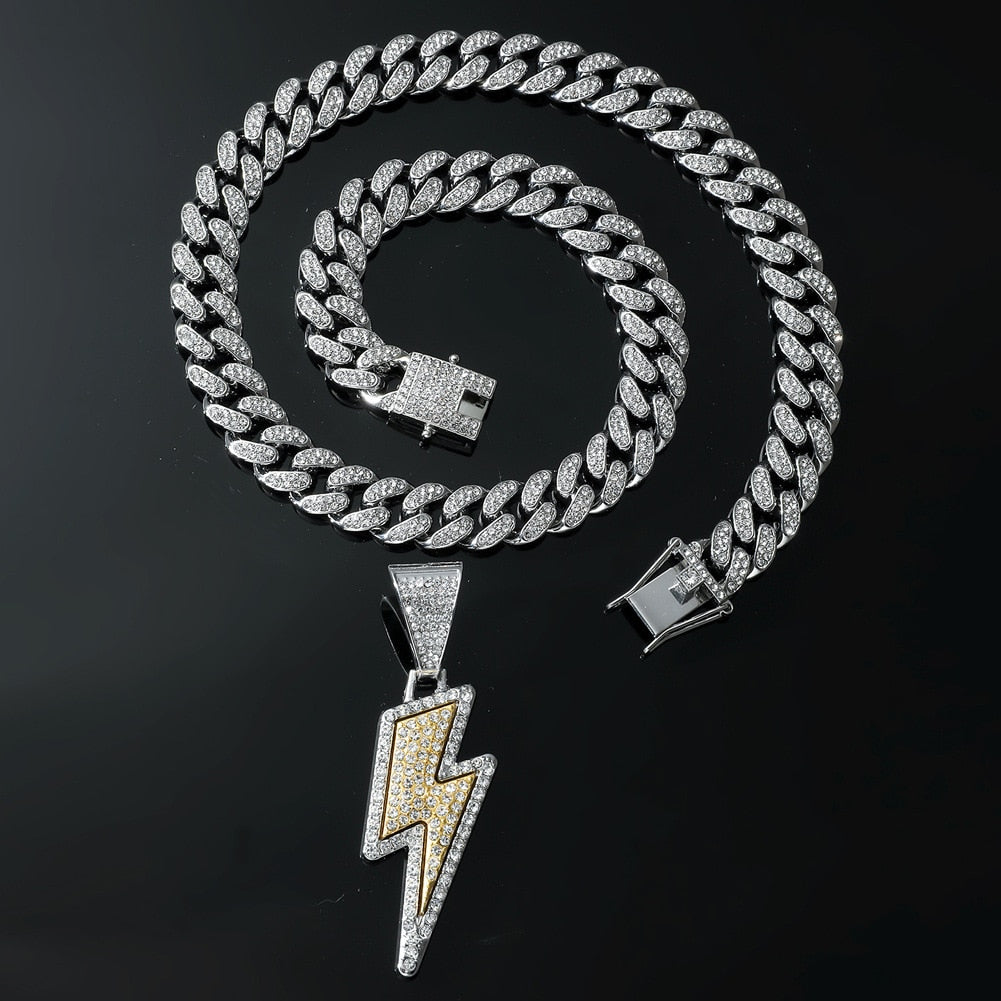 Hip Hop Lightning Pendant Necklace Iced Out Bling Cuban