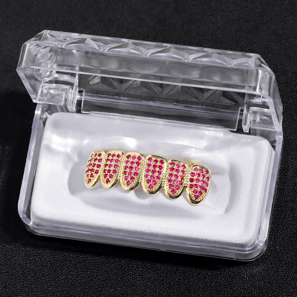 Hip Hop Pink Rhinestones Zircon Teeth Grillz For Men Women