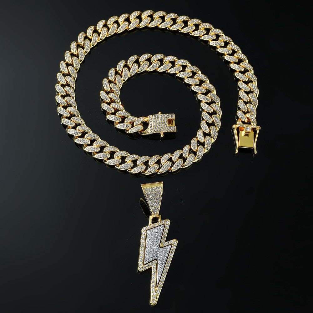 Hip Hop Lightning Pendant Necklace Iced Out Bling Cuban