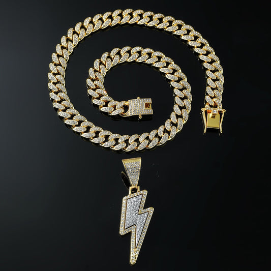 Hip Hop Lightning Pendant Necklace Iced Out Bling Cuban