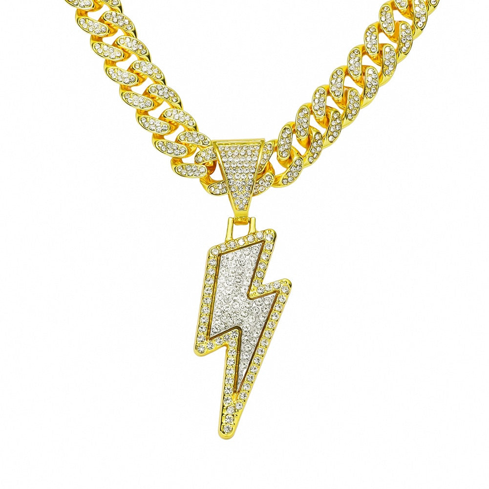 Hip Hop Lightning Pendant Necklace Iced Out Bling Cuban