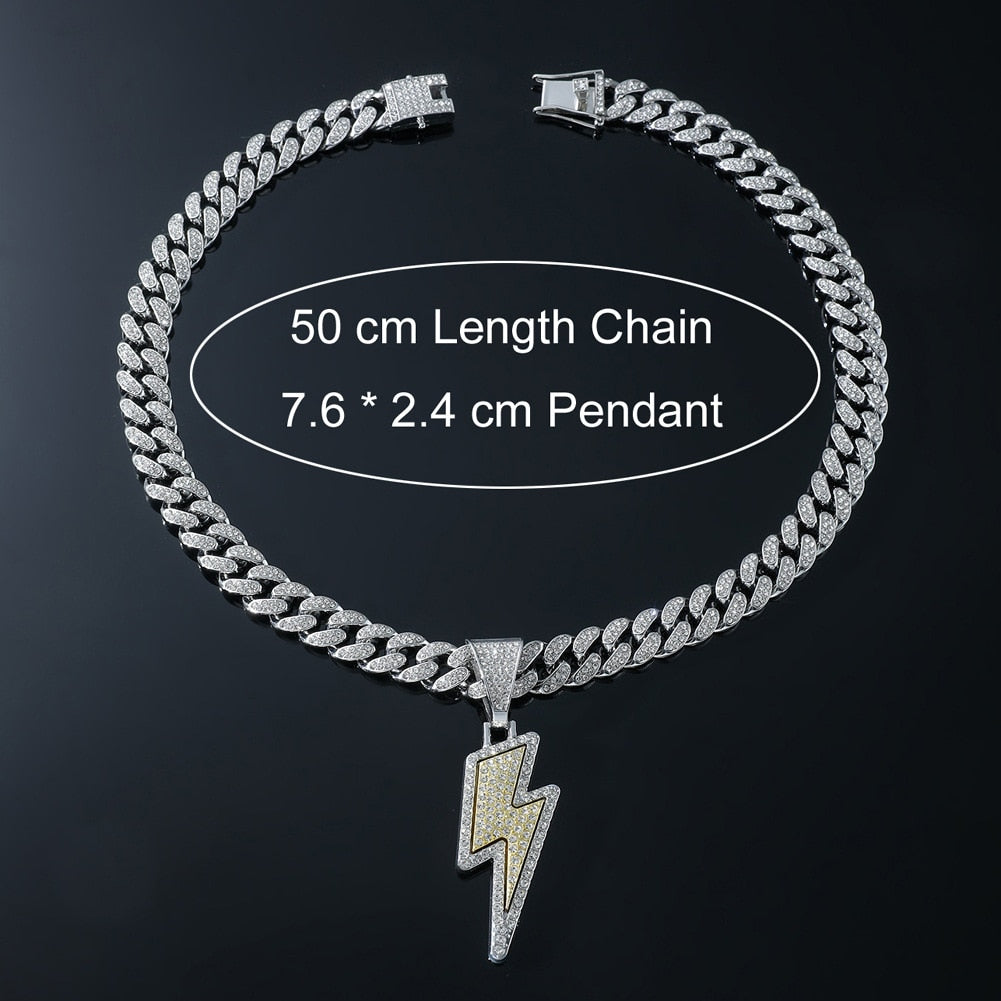 Hip Hop Lightning Pendant Necklace Iced Out Bling Cuban