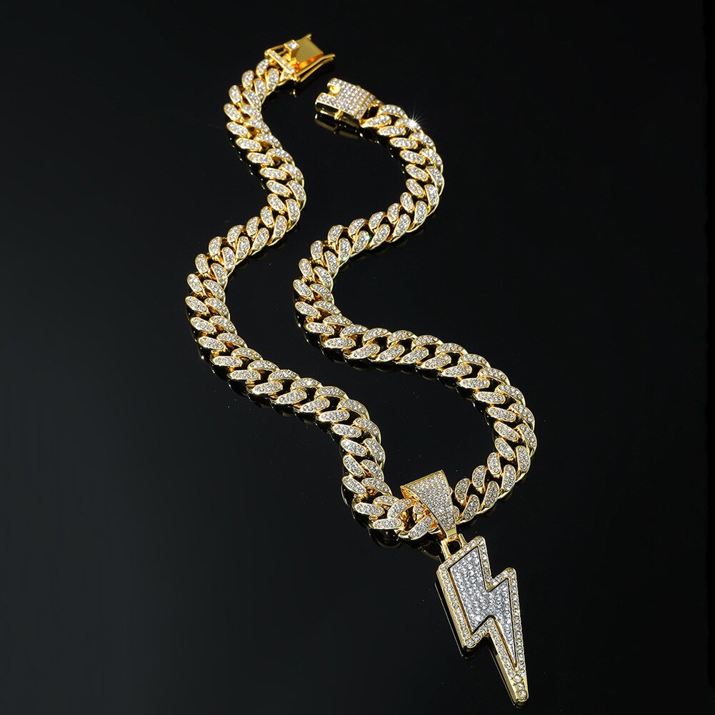 Hip Hop Lightning Pendant Necklace Iced Out Bling Cuban