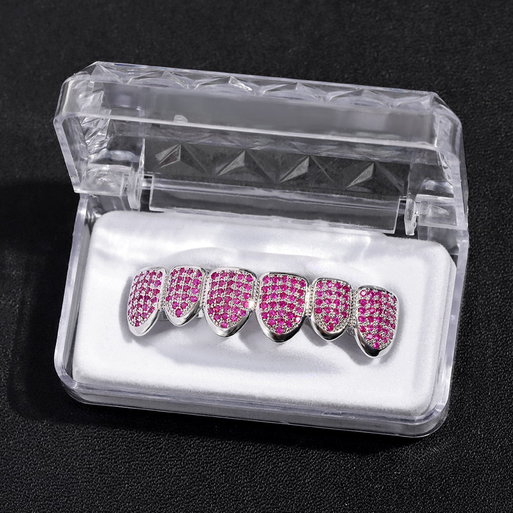 Hip Hop Pink Rhinestones Zircon Teeth Grillz For Men Women