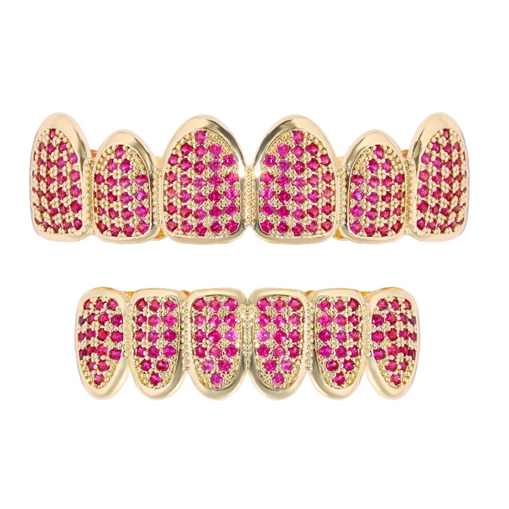 Hip Hop Pink Rhinestones Zircon Teeth Grillz For Men Women