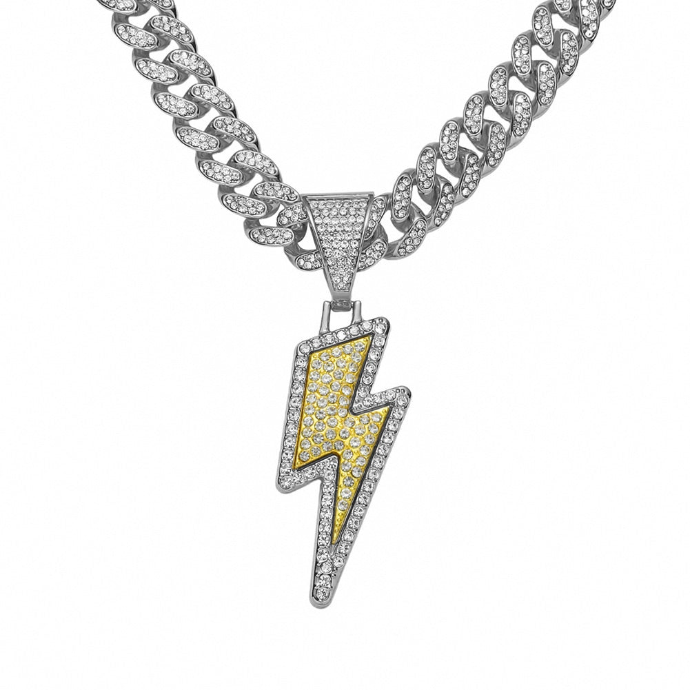 Hip Hop Lightning Pendant Necklace Iced Out Bling Cuban