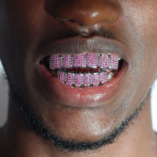 Hip Hop Pink Rhinestones Zircon Teeth Grillz For Men Women