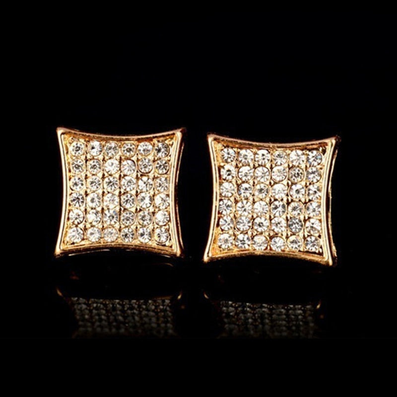 Gold Color Iced Out Square Bling Stud Earring Men Hip Hop